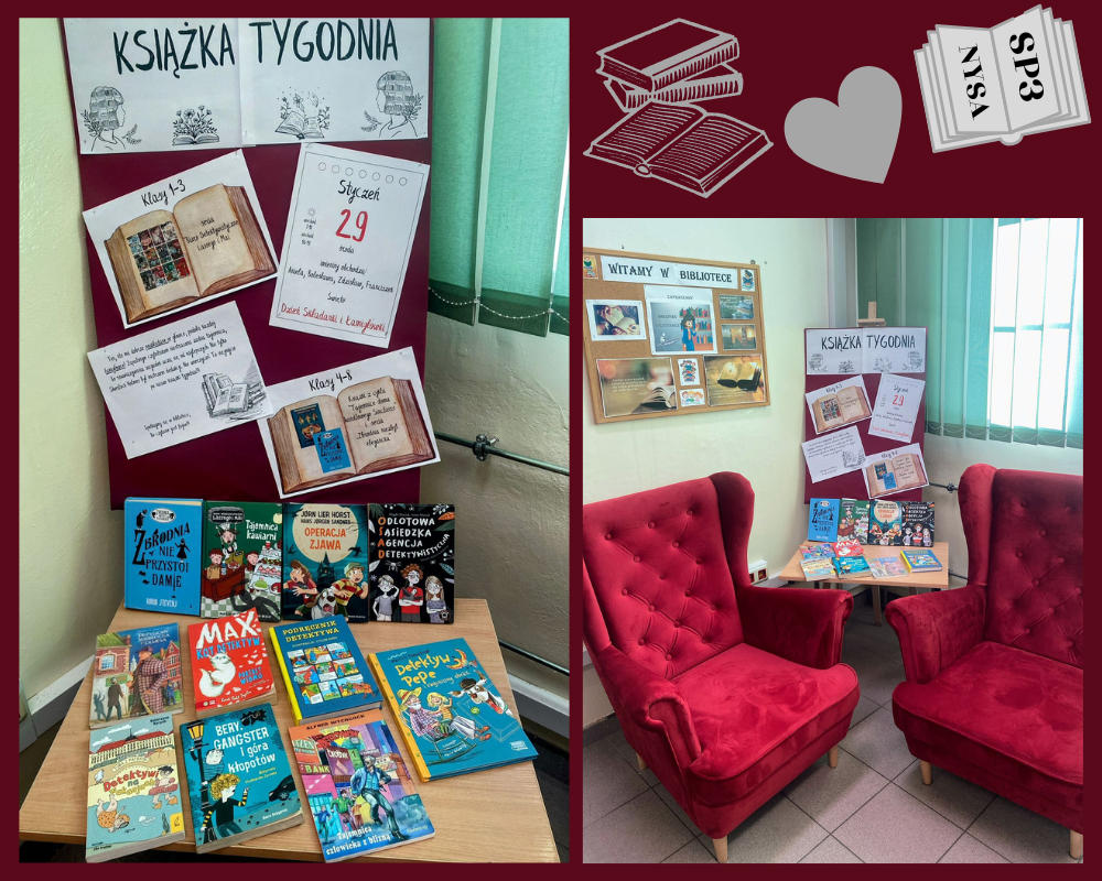 Kolaż zdjęć ukazujący książkę tygodnia oraz kącik czytelniczy w szkolnej bibliotece.