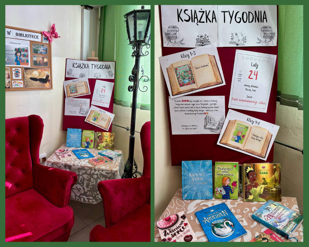 Kolaż zdjęć ukazujący książkę tygodnia oraz kącik czytelniczy w szkolnej bibliotece.