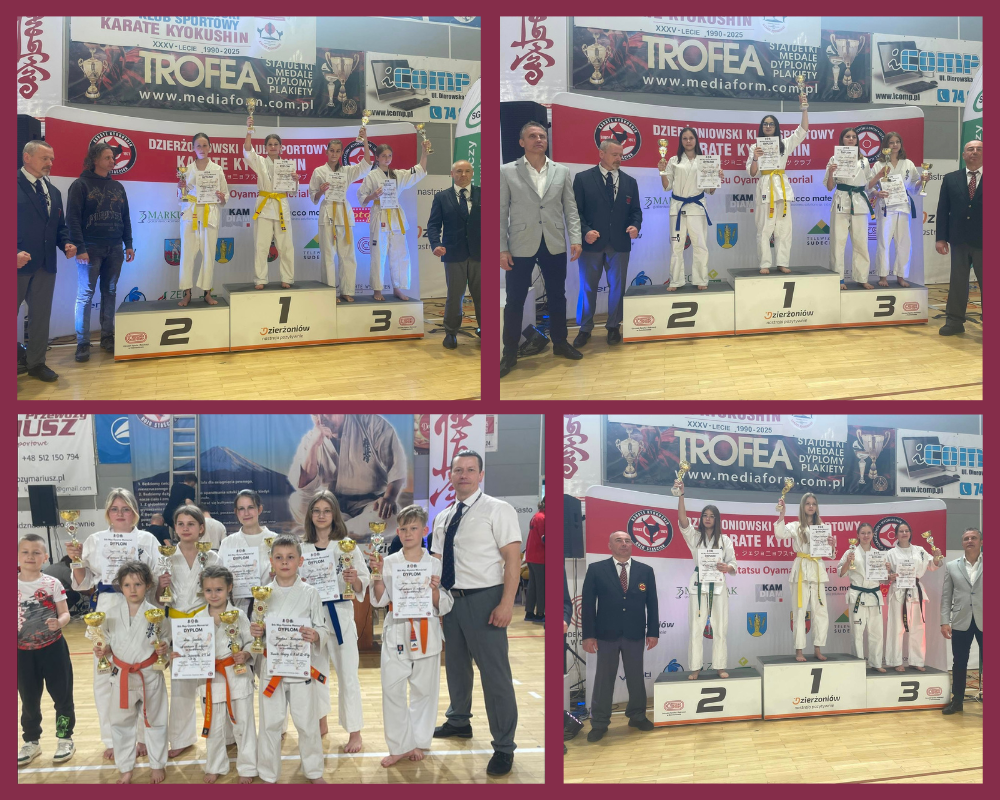 Kolaż zdjęć ukazujący uczniów z medalami podczas zawodów karate.