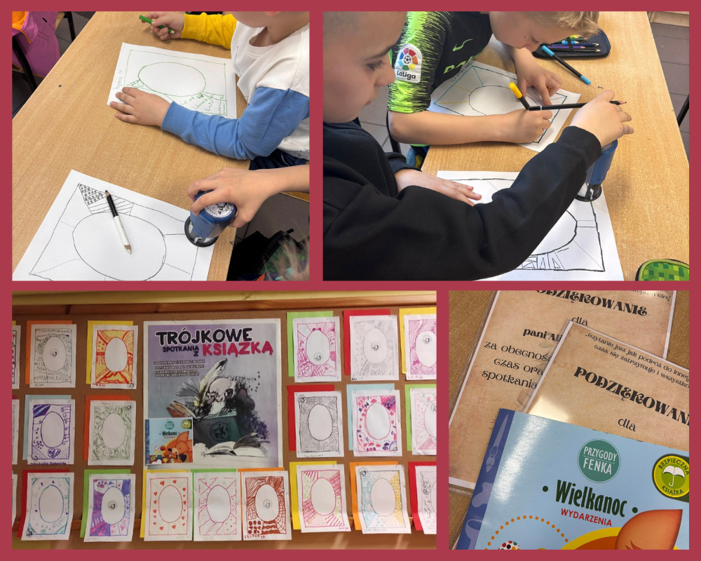 Kolaż zdjęć ukazujący trójkowe spotkanie z książką.