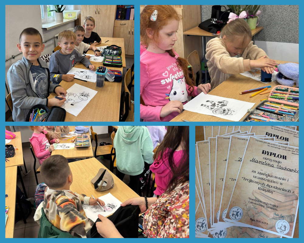 Kolaż zdjęć ukazujący "Trójkowe Spotkanie z Książką" w miesiącu maj 2025 r.