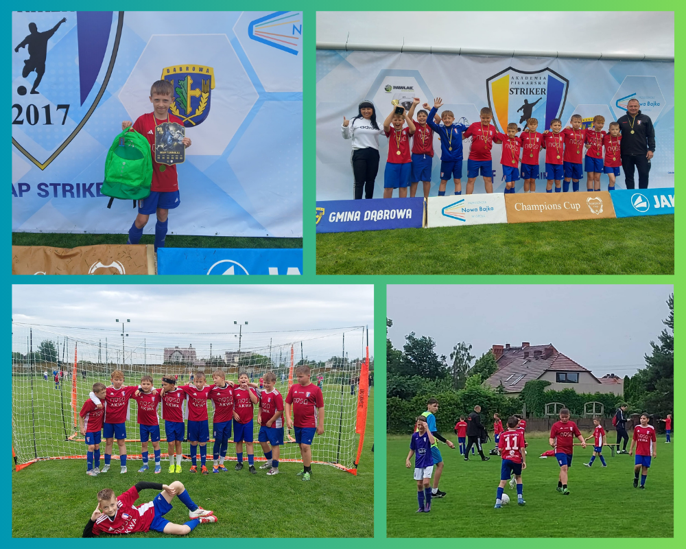 Kolaż zdjęć ukazujący uczniów podczas turnieju piłkarskiego Champions Cup