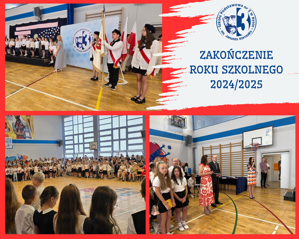 Kolaż zdjęć ukazujący uroczysty apel z okazji zakończenia roku szkolnego 2024/2025.
