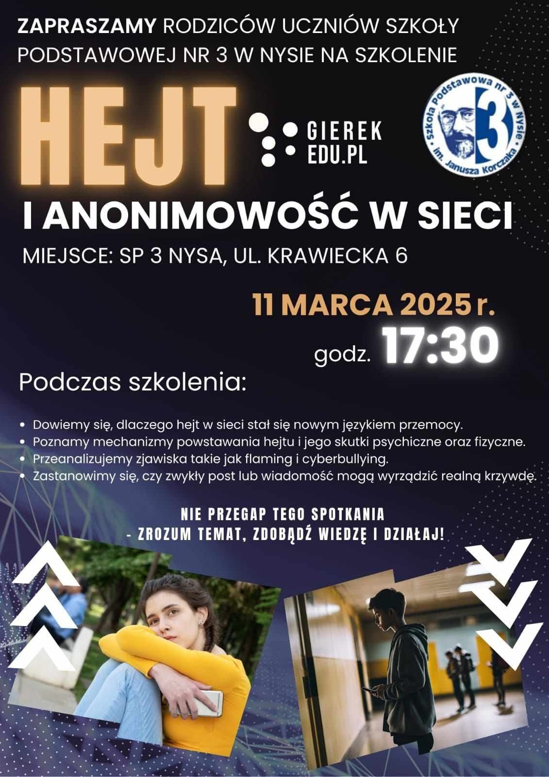 Plakat informujący o szkoleniu dla rodziców dotyczący hejtu w sieci.