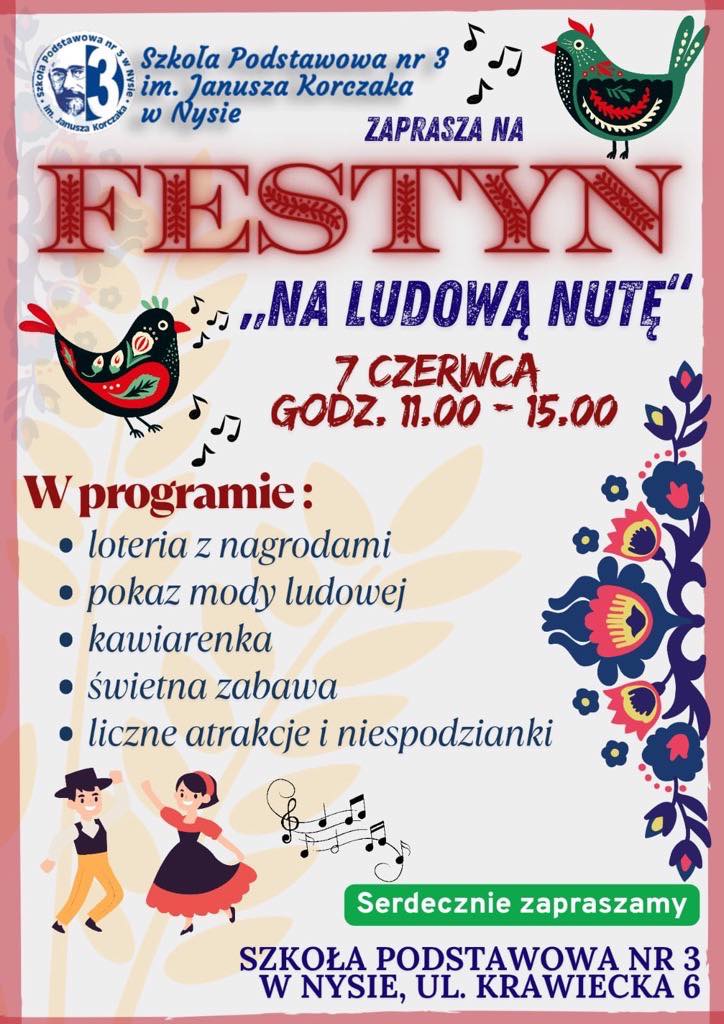 Plakat informujący o Festynie szkolnym, który odbędzie się 7 czerwca 2025 r.