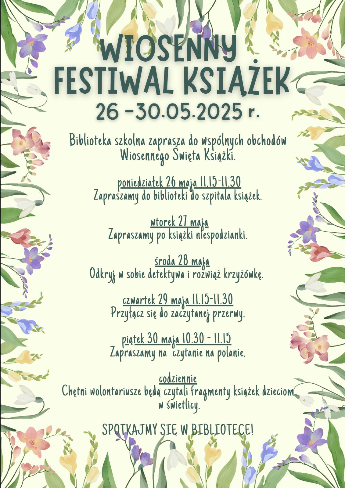 Plakat informujący o wiosennym festiwalu książek.