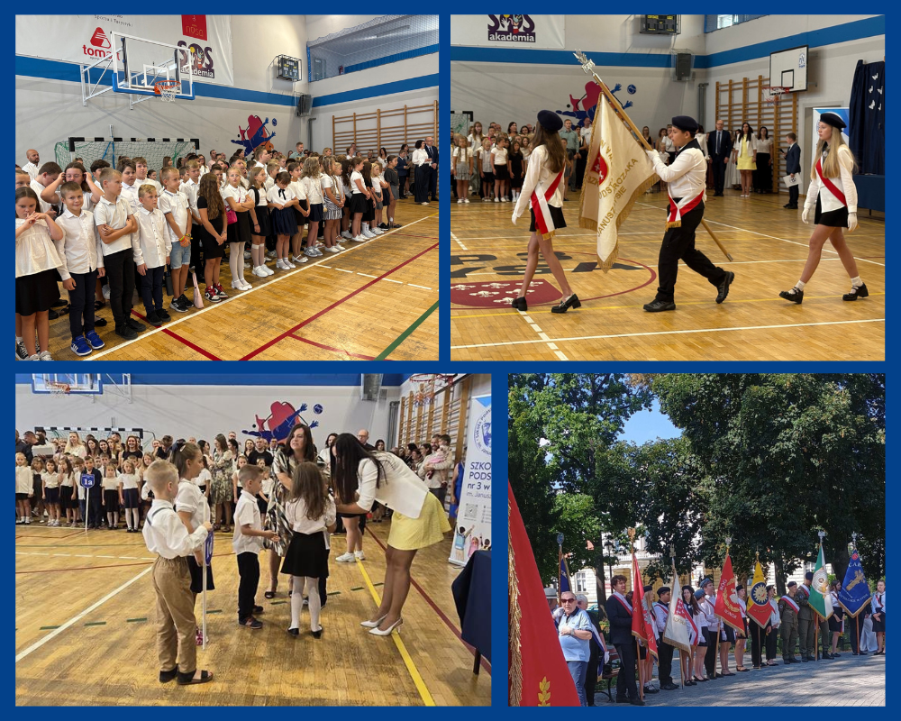 Kolaż zdjęć ukazujący uroczysty apel z okazji rozpoczęcia roku szkolnego 2025/2026 oraz z obchodów upamiętniających wybuch II wojny światowej.