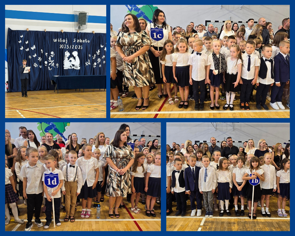 Kolaż zdjęć ukazujący uroczysty apel z okazji rozpoczęcia roku szkolnego 2025/2026 oraz z obchodów upamiętniających wybuch II wojny światowej.