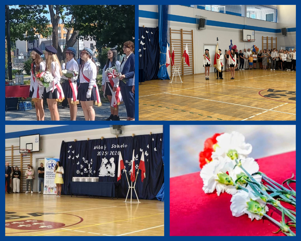 Kolaż zdjęć ukazujący uroczysty apel z okazji rozpoczęcia roku szkolnego 2025/2026 oraz z obchodów upamiętniających wybuch II wojny światowej.