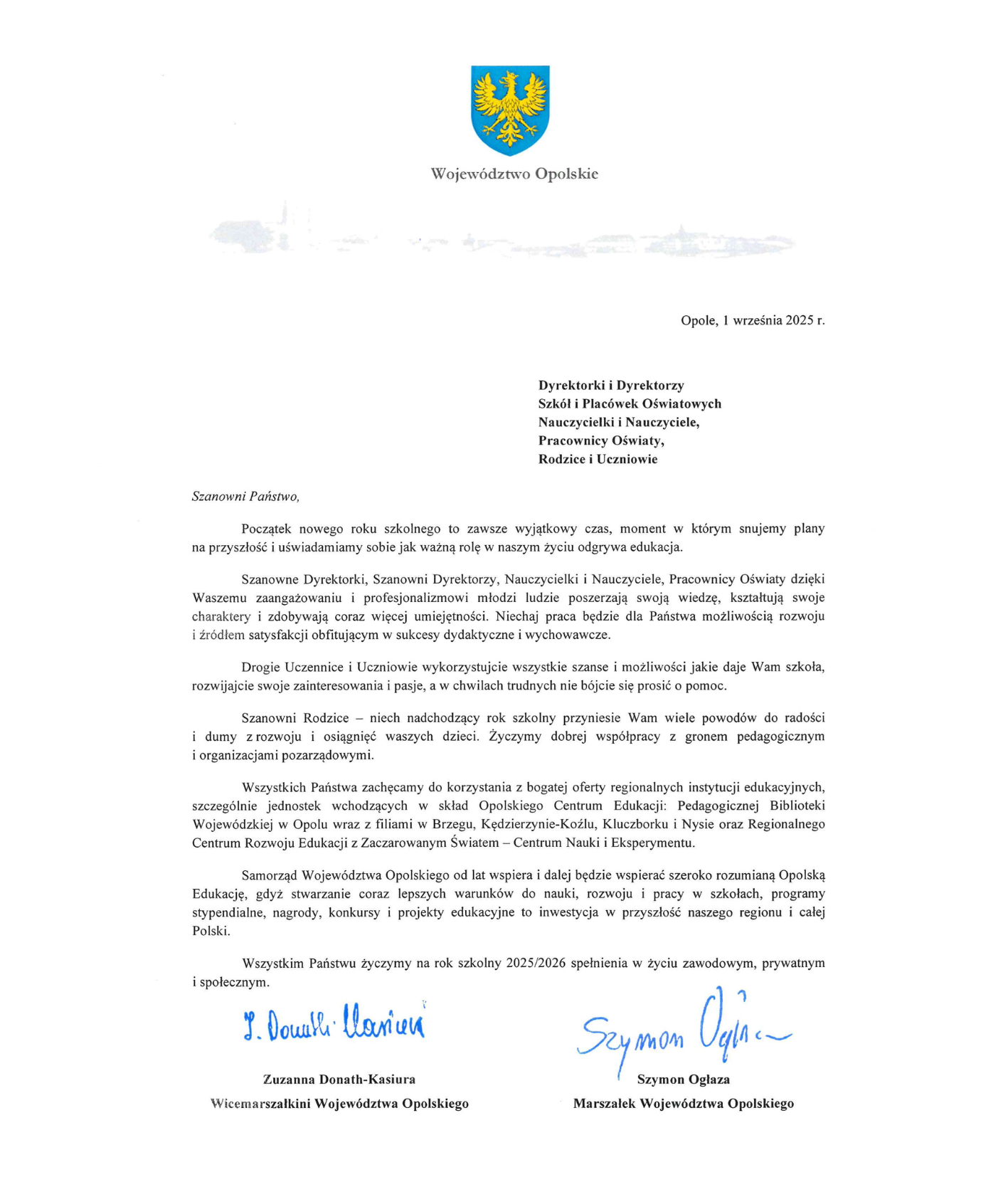 List z życzeniami z okazji rozpoczęcia roku szkolnego od pani Wicemarszałek oraz od pana Marszałka Województwa Opolskiego