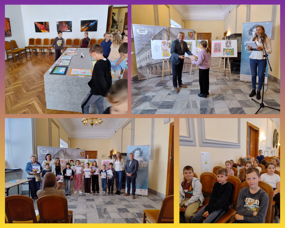 Kolaż zdjęć ukazujący uczniów SP3 podczas wręczenia nagród w Muzeum Powiatowym w Nysie.