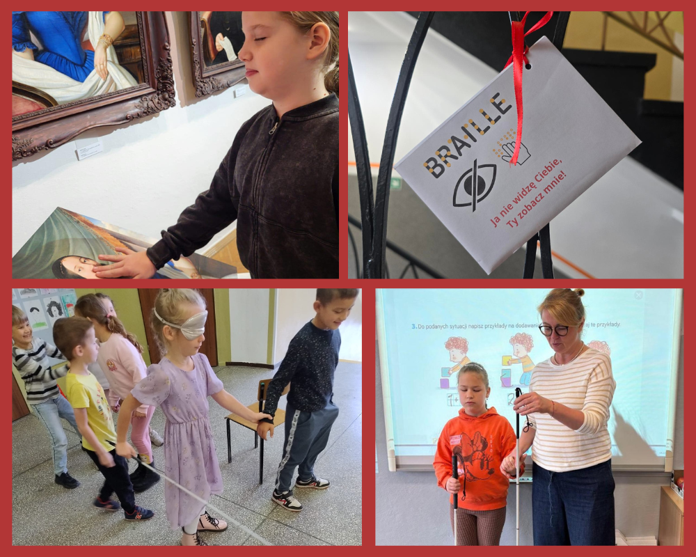 Kolaż zdjęć ukazujący uczniów obchodzących w naszej szkole Międzynarodowy Dzień Białej Laski.