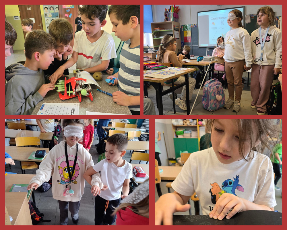 Kolaż zdjęć ukazujący uczniów obchodzących w naszej szkole Międzynarodowy Dzień Białej Laski.