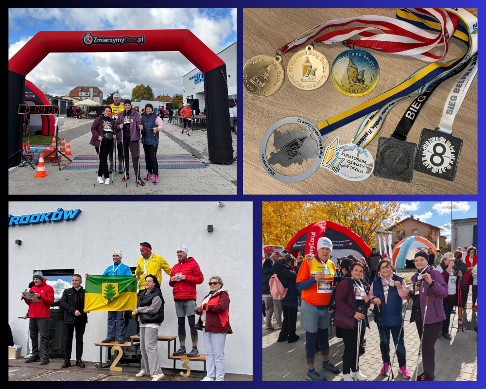 Kolaż zdjęć ukazujący nauczycieli podczas 8 Biegu Belfra.