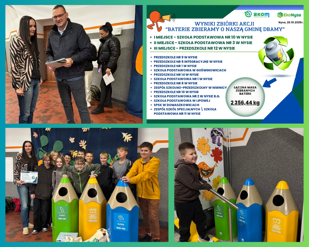 Kolaż zdjęć ukazujący przekazanie nagród w akcji „BATERIE ZBIERAMY – O NASZĄ GMINĘ DBAMY”.