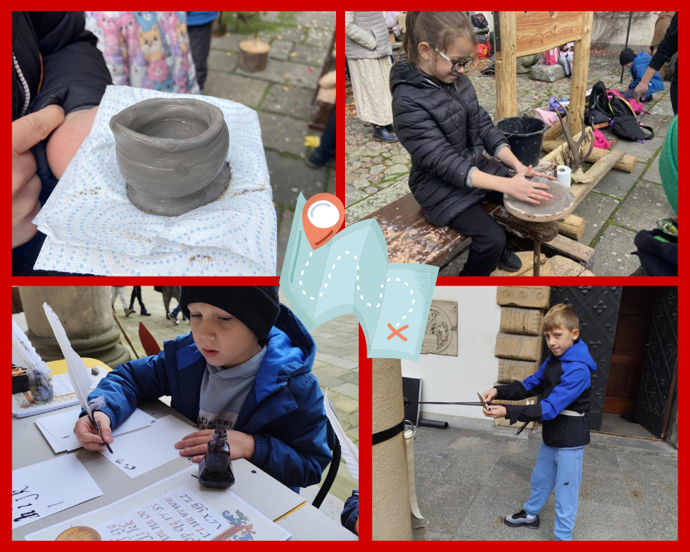 Kolaż zdjęć przedstawiający wycieczkę Szkolnego Klubu Podróżnika do Brzegu.