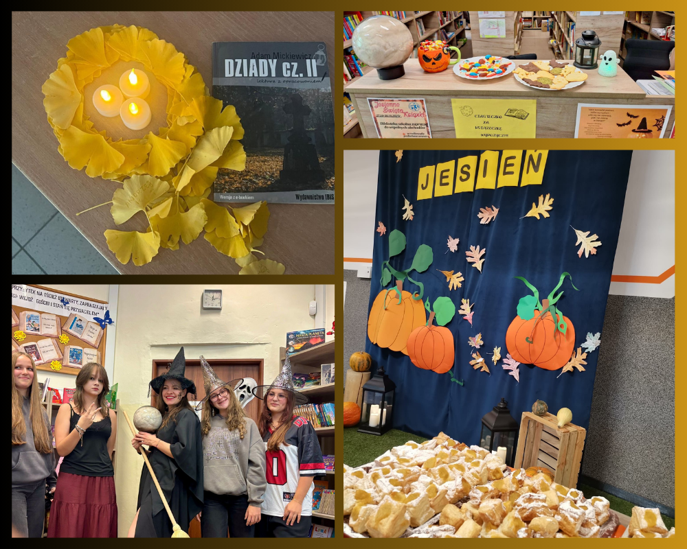 Kolaż zdjęć przedstawiający dzień dyni oraz barwny korowód w ramach bestiariusza literackiego.