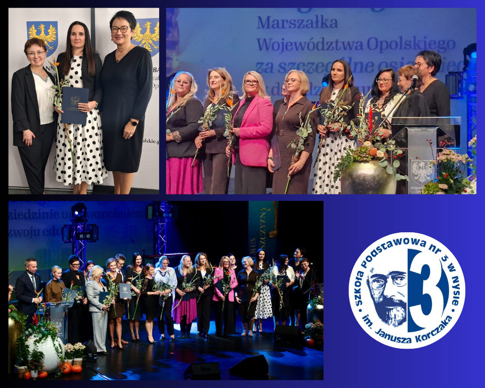 Kolaż zdjęć przedstawiający panią dyrektor Agnieszkę Kret podczas odebrania Nagrody Marszałka Województwa Opolskiego.