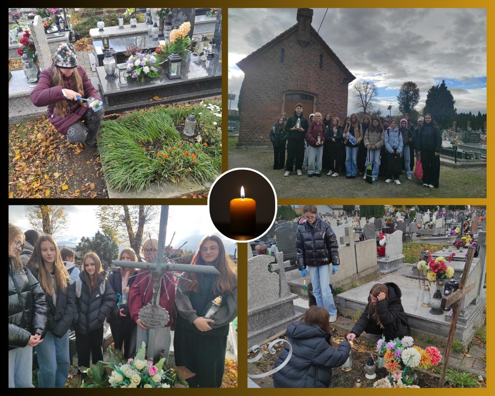 Kolaż zdjęć przedstawiający wolontariuszy SP3 podczas sprzątania zaniedbanych grobów.