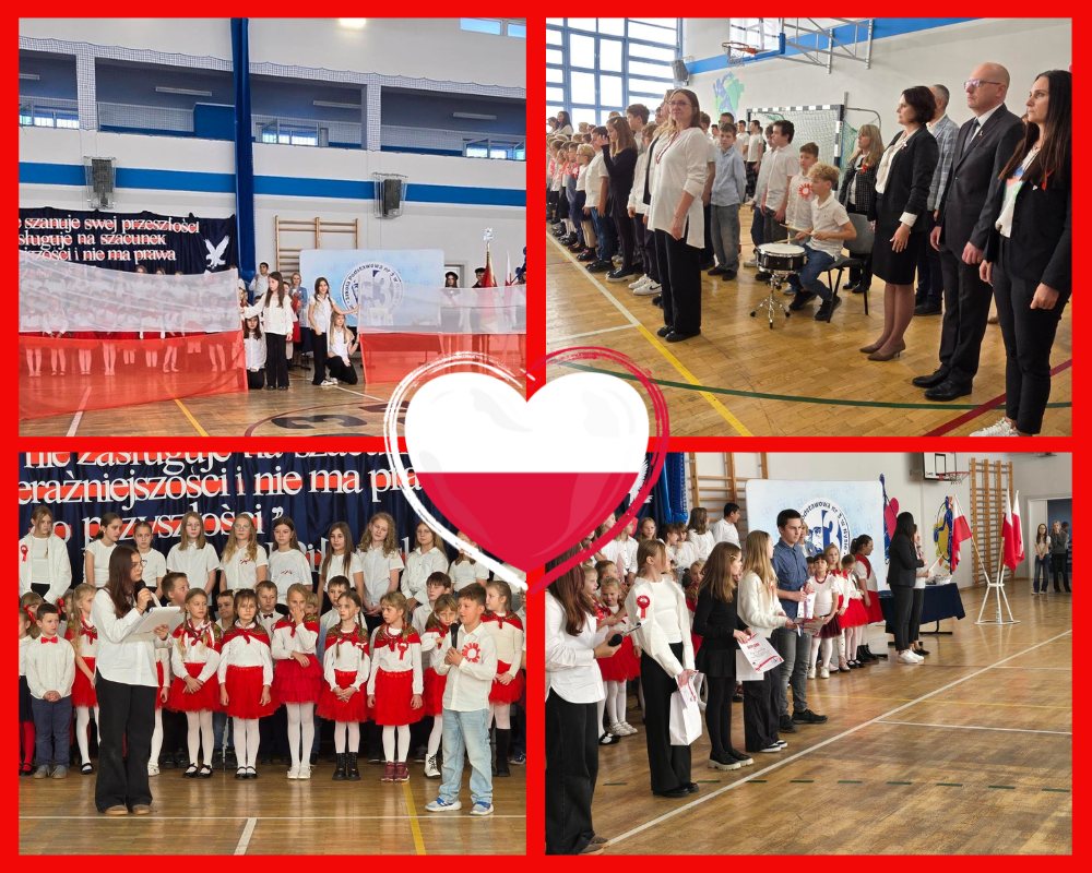 Kolaż zdjęć przedstawiający uczniów SP3 podczas apelu z okazji święta niepodległości.