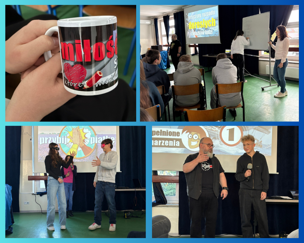 Kolaż zdjęć przedstawiający warsztaty dla uczniów klas ósmych „Archipelag skarbów”.