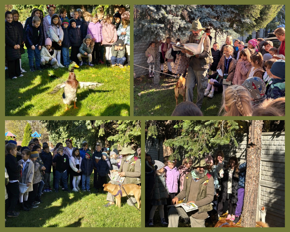 Kolaż zdjęć przedstawiający uczniów podczas lekcji z panem Dariuszem Brzeskim.