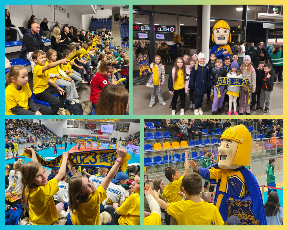 Kolaż zdjęć przedstawiający uczniów SP3 podczas meczu Stali Nysa.