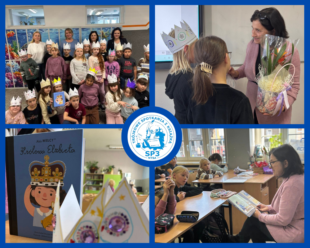 Kolaż zdjęć przedstawiający uczniów podczas Trójkowego Spotkania z Książką.