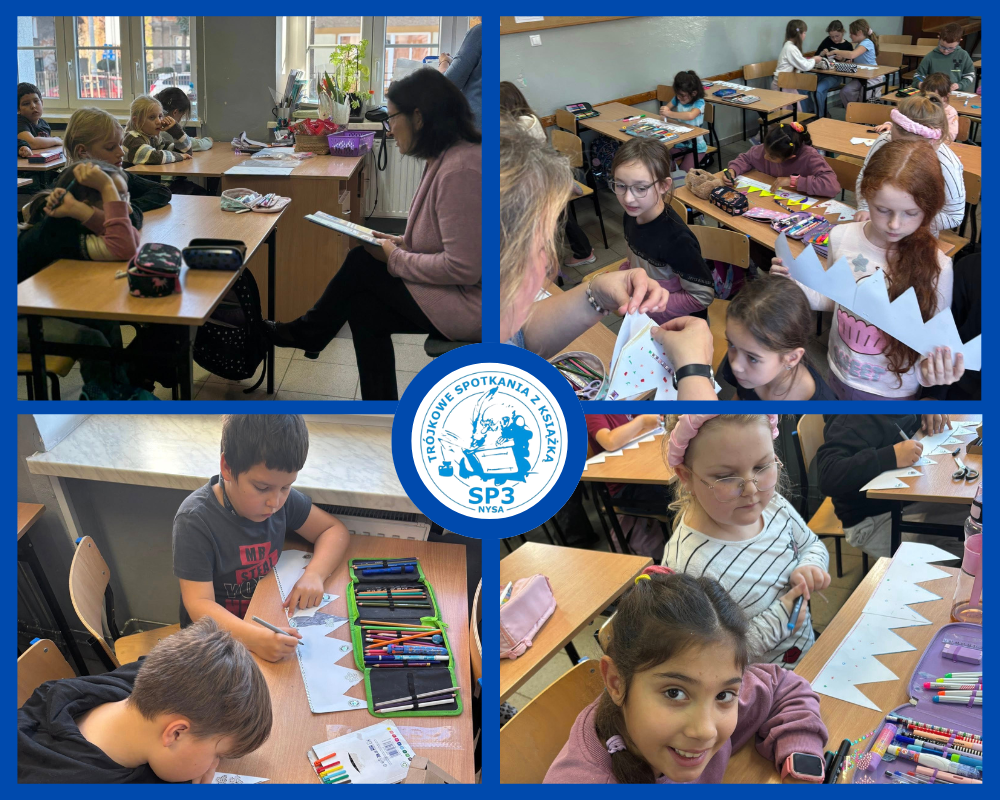 Kolaż zdjęć przedstawiający uczniów podczas Trójkowego Spotkania z Książką.