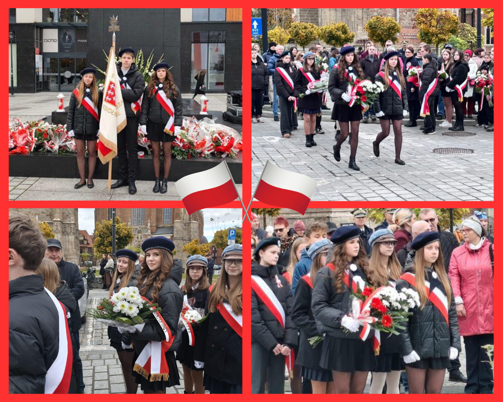 Kolaż zdjęć przedstawiający udział pocztu sztandarowego podczas obchodów 107. rocznicy odzyskania niepodległości przez Polskę.