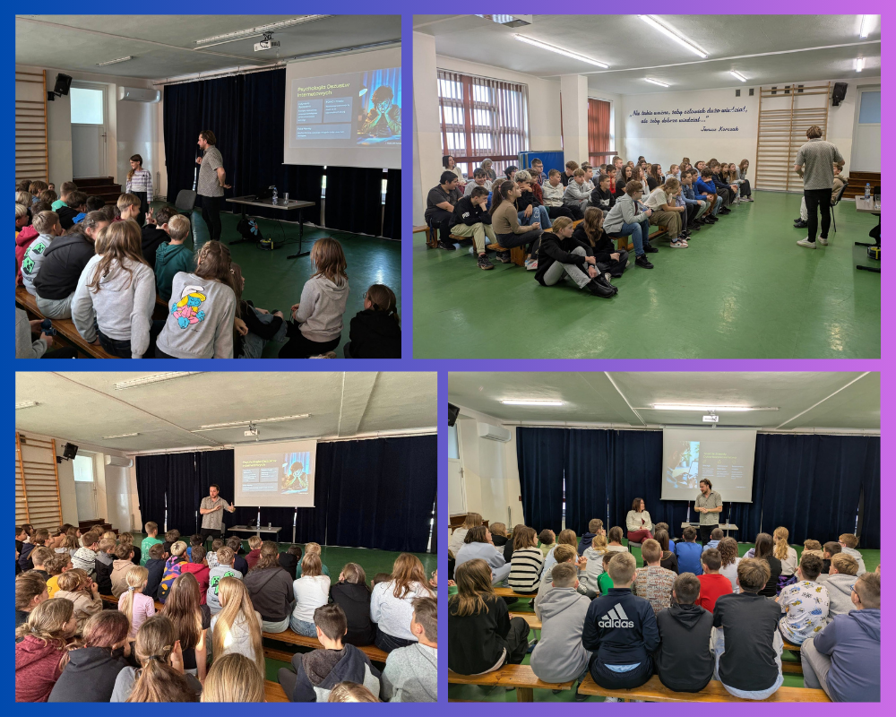 Kolaż zdjęć przedstawiający uczniów klas 4-8 podczas warsztatów dotyczących cyberbezpieczeństwa.