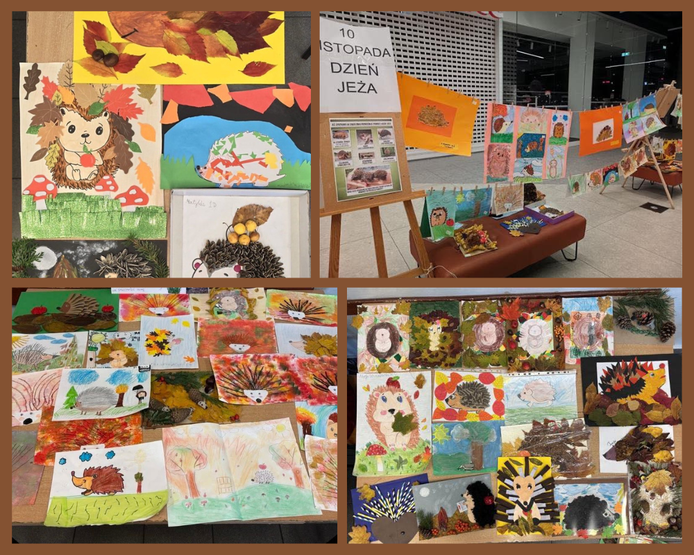 Kolaż zdjęć ukazujący prace plastyczne oraz uczniów nagrodzonych w konkursie „Jeż Pomocny Zwierz”.