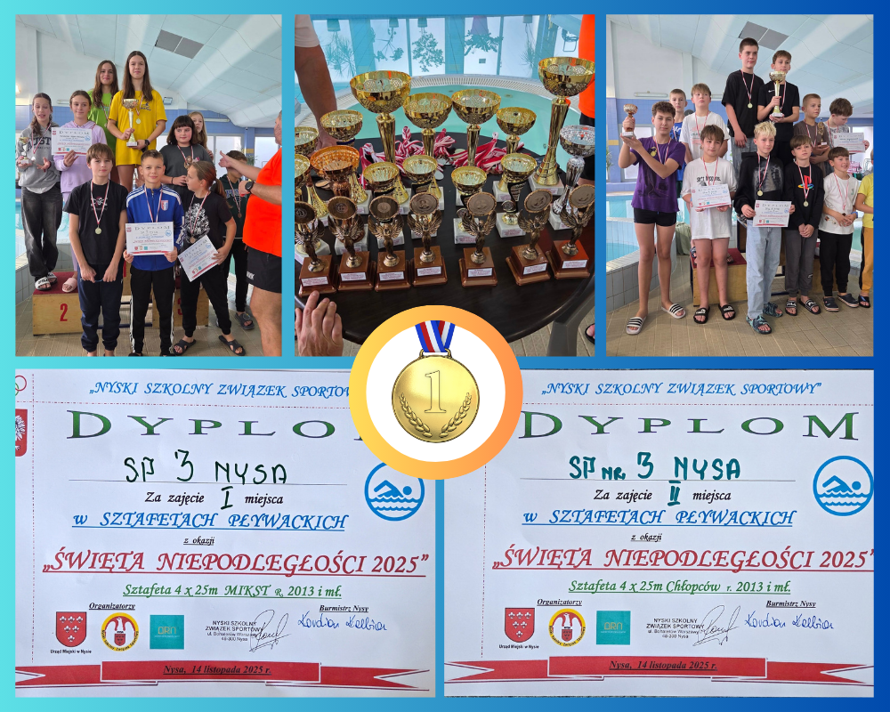 Kolaż zdjęć przedstawiający uczniów podczas sztafet pływackich z okazji Święta Niepodległości 2025.