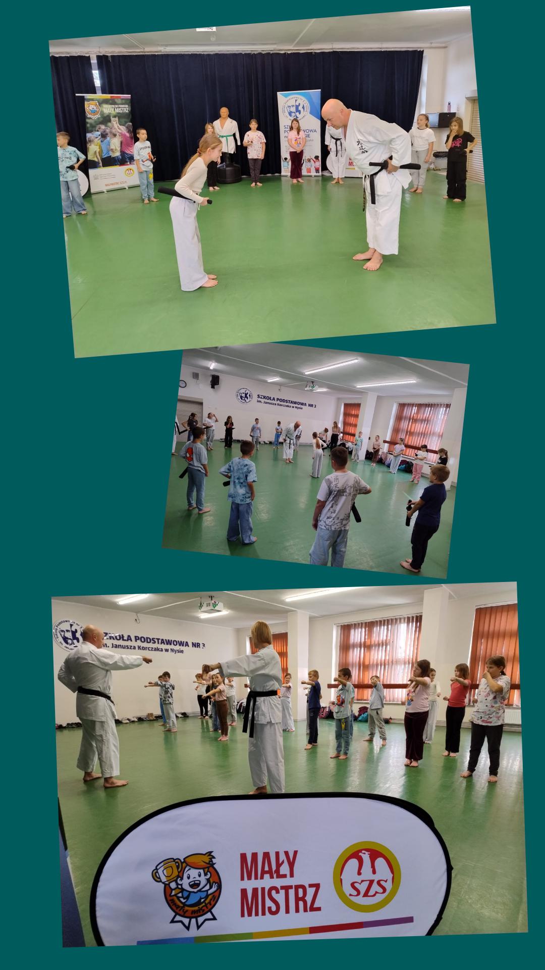 Kolaż zdjęć przedstawiający uczniów podczas lekcji w ramach programu Mały Mistrz.