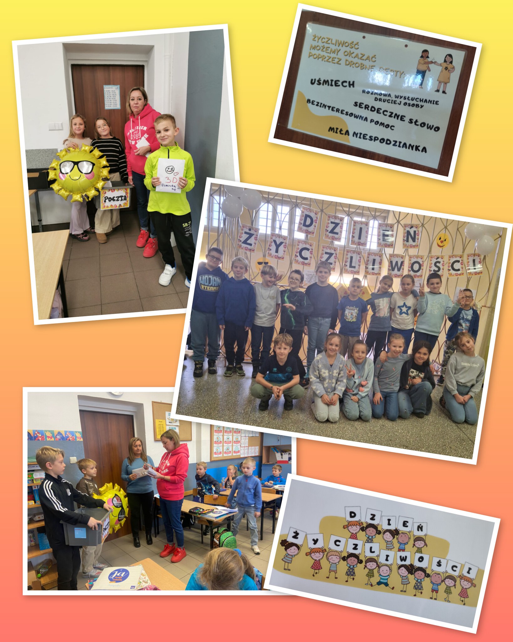 Kolaż zdjęć przedstawiający uczniów podczas Tygodnia Życzliwości.