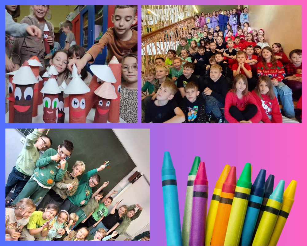 Kolaż zdjęć przedstawiający uczniów podczas Dnia Kredki.