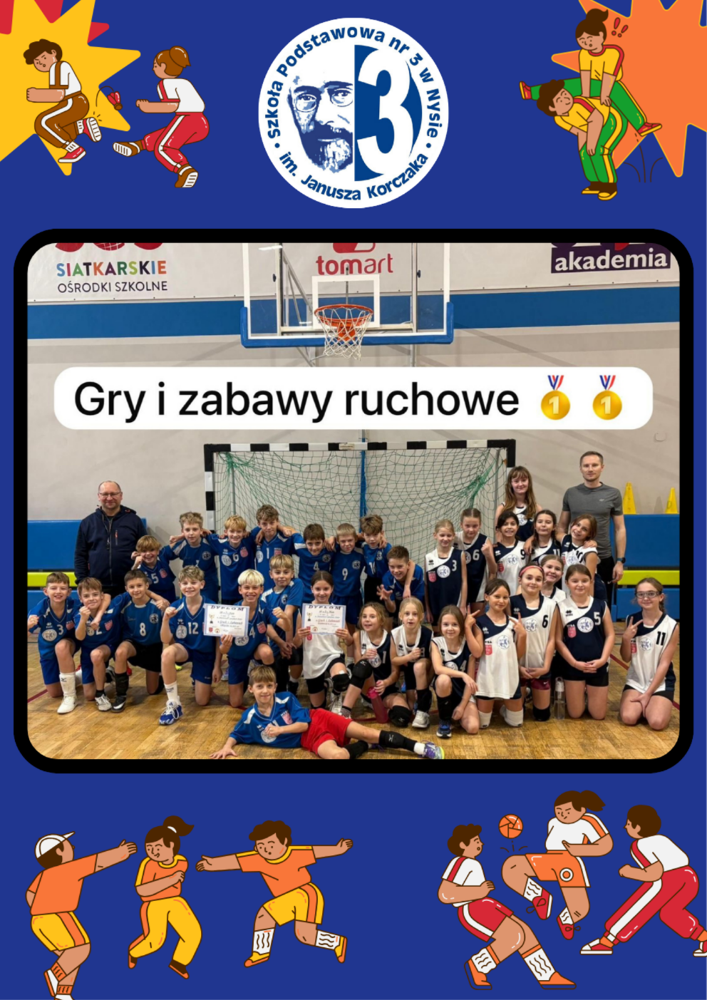 Kolaż zdjęć przedstawiający uczniów podczas zawodów "mały olimpijczyk" - etap powiatowy.