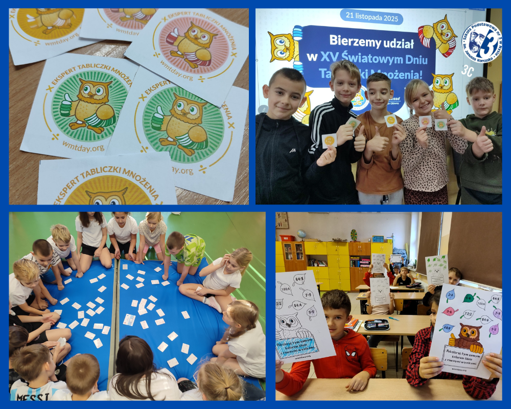 Kolaż zdjęć przedstawiający uczniów podczas Światowego Dnia Tabliczki Mnożenia.