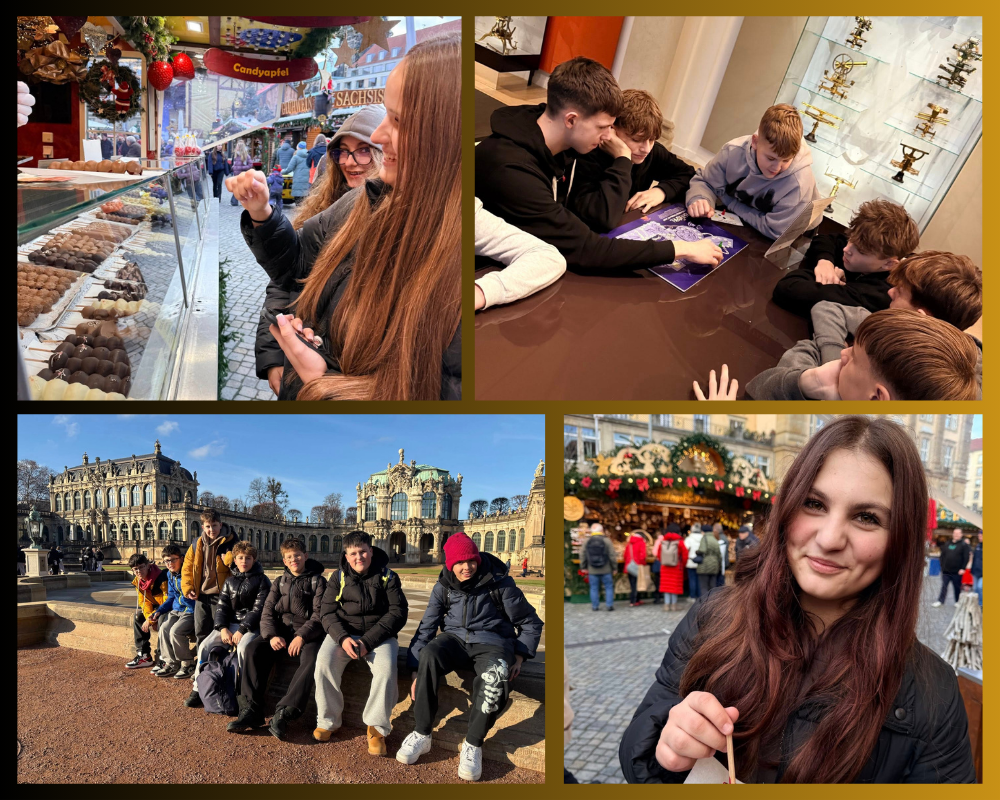 Kolaż zdjęć przedstawiający uczniów podczas wycieczki do Drezna.