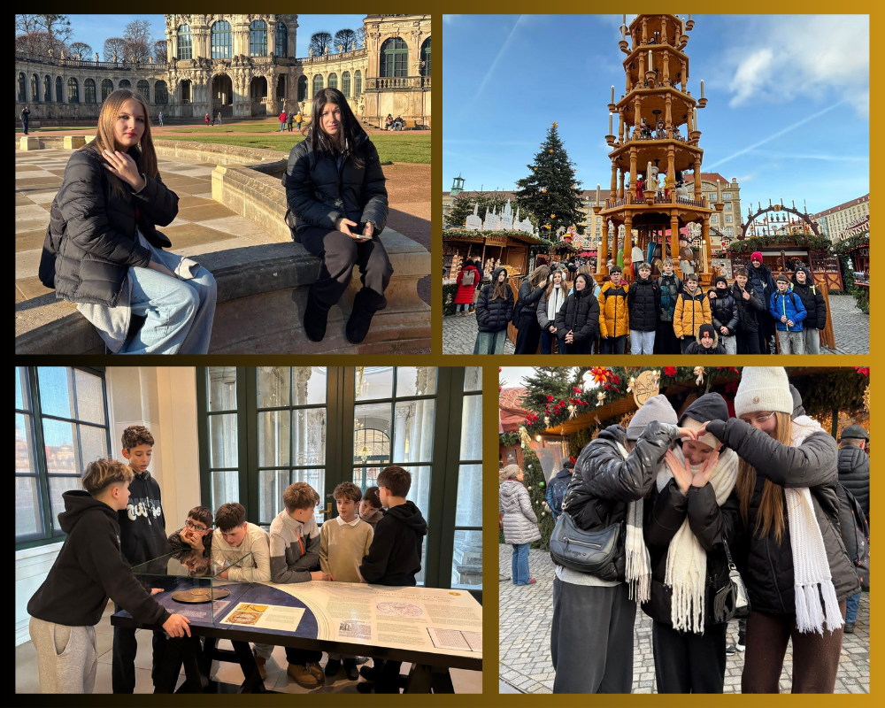 Kolaż zdjęć przedstawiający uczniów podczas wycieczki do Drezna.