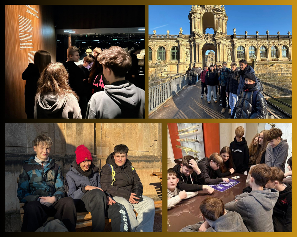 Kolaż zdjęć przedstawiający uczniów podczas wycieczki do Drezna.