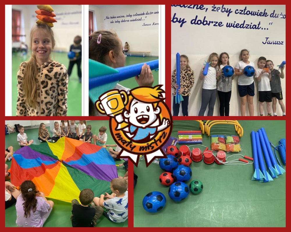 Kolaż zdjęć przedstawiający uczniów korzystających ze sprzętu otrzymanego w ramach projektu "Mały mistrz".