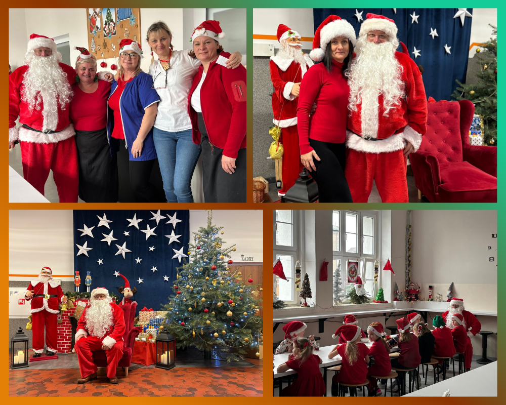 Kolaż zdjęć przedstawiający mikołajki w SP3 Nysa.