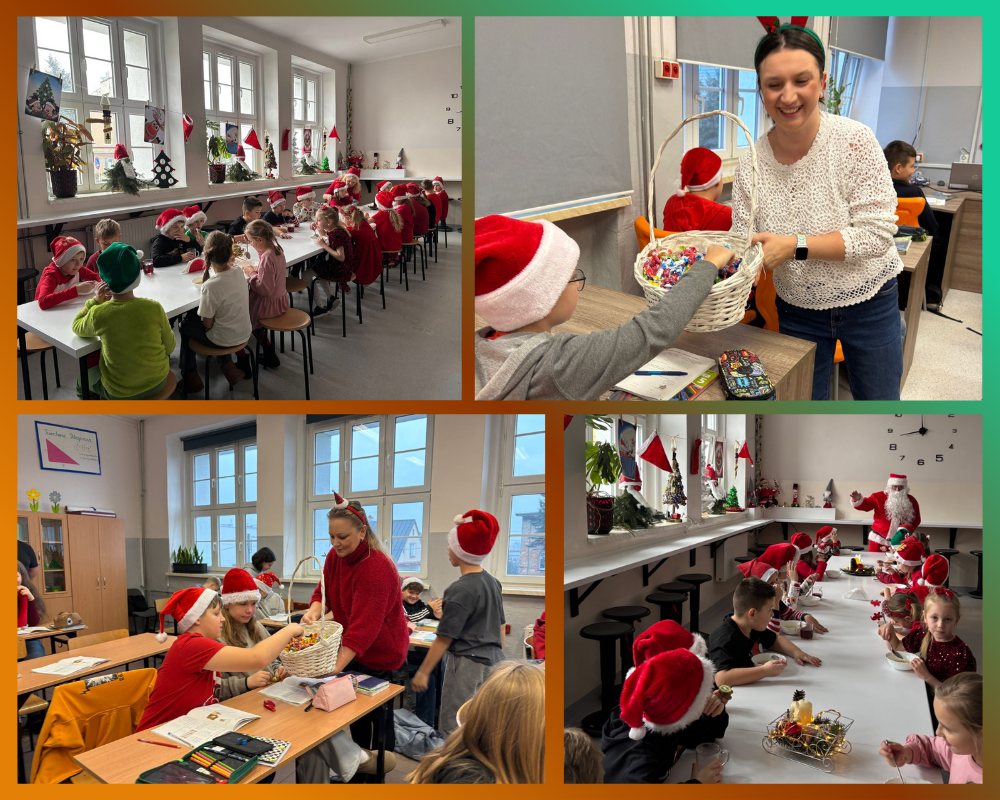 Kolaż zdjęć przedstawiający mikołajki w SP3 Nysa.