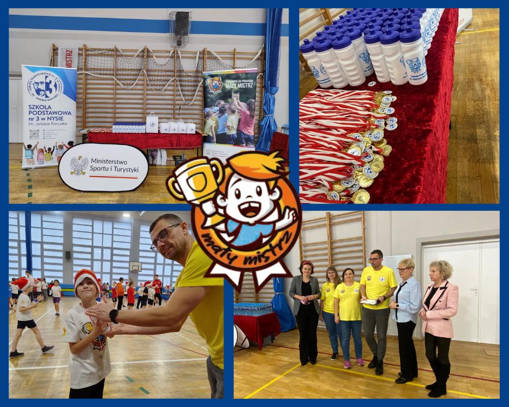 Kolaż zdjęć przedstawiający uczniów podczas Mikołajkowego Turnieju Sportowego w ramach projektu "Mały mistrz".