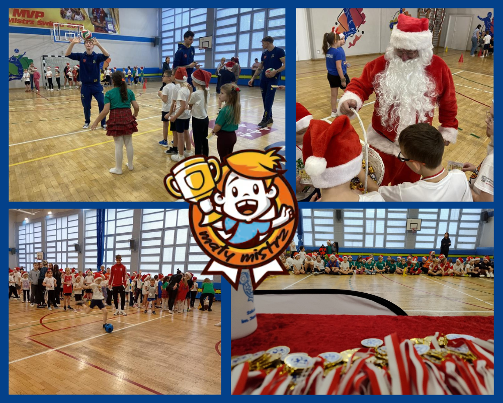 Kolaż zdjęć przedstawiający uczniów podczas Mikołajkowego Turnieju Sportowego w ramach projektu "Mały mistrz".