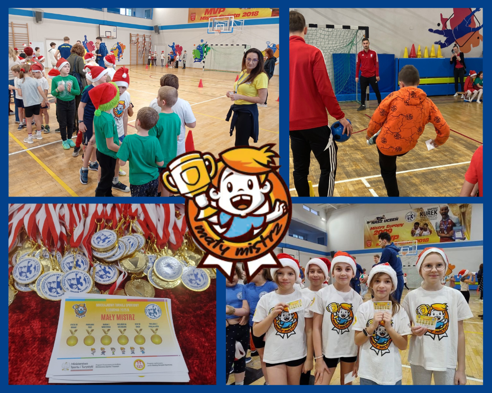 Kolaż zdjęć przedstawiający uczniów podczas Mikołajkowego Turnieju Sportowego w ramach projektu "Mały mistrz".