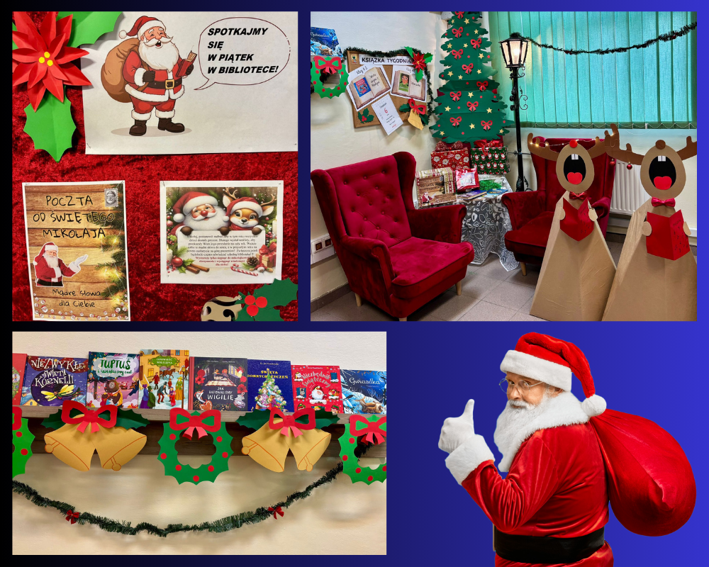 Kolaż zdjęć przedstawiający mikołajkową pocztę w szkolnej bibliotece.