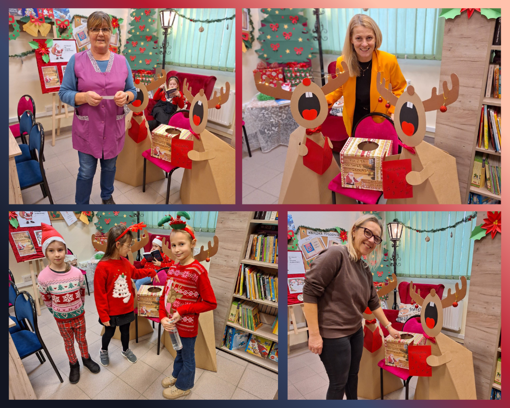 Kolaż zdjęć przedstawiający pocztę od Świętego Mikołaja w szkolnej bibliotece.