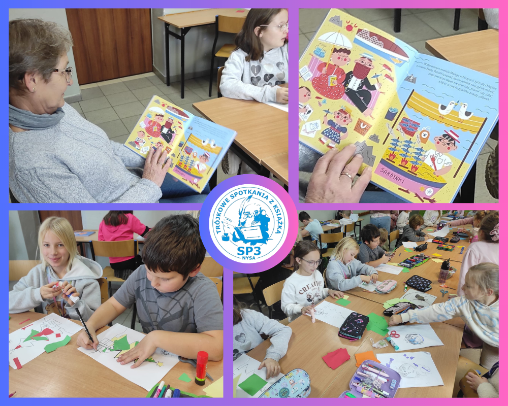 Kolaż zdjęć przedstawiający uczniów podczas Trójkowego spotkania z książką.